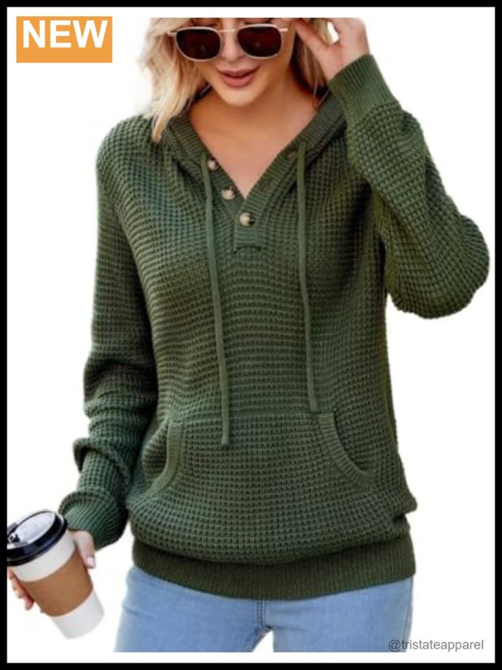 Womens Waffle Knit Hooded Sweater Long Sleeve V-Neck Pullover with Kangaroo